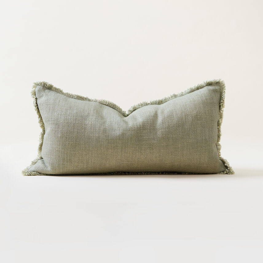 Sage Green Linen Blend Fringed Bridie Lumbar Cushion