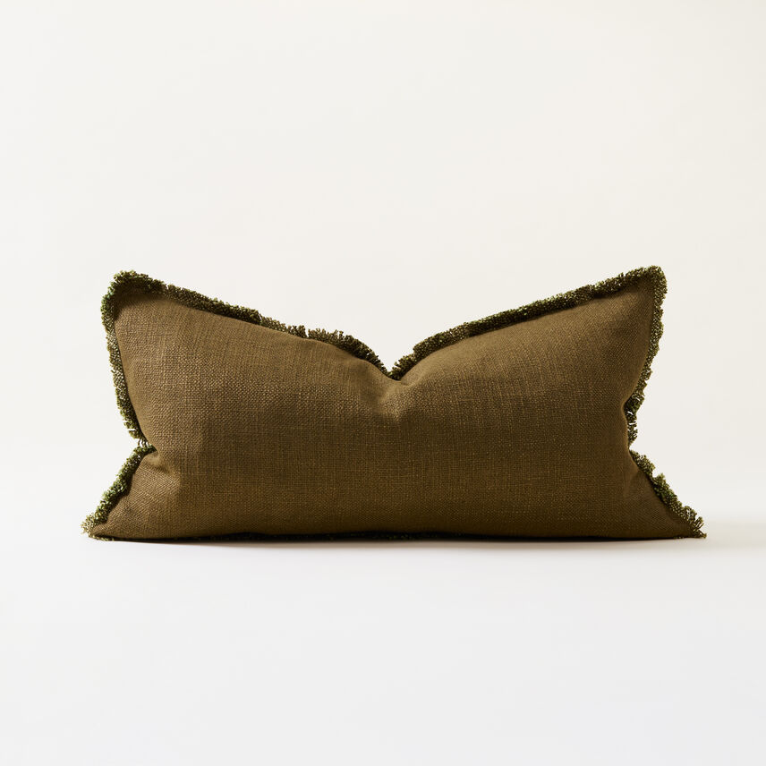 Dark Green Linen Blend Fringed Bridie Lumbar Cushion