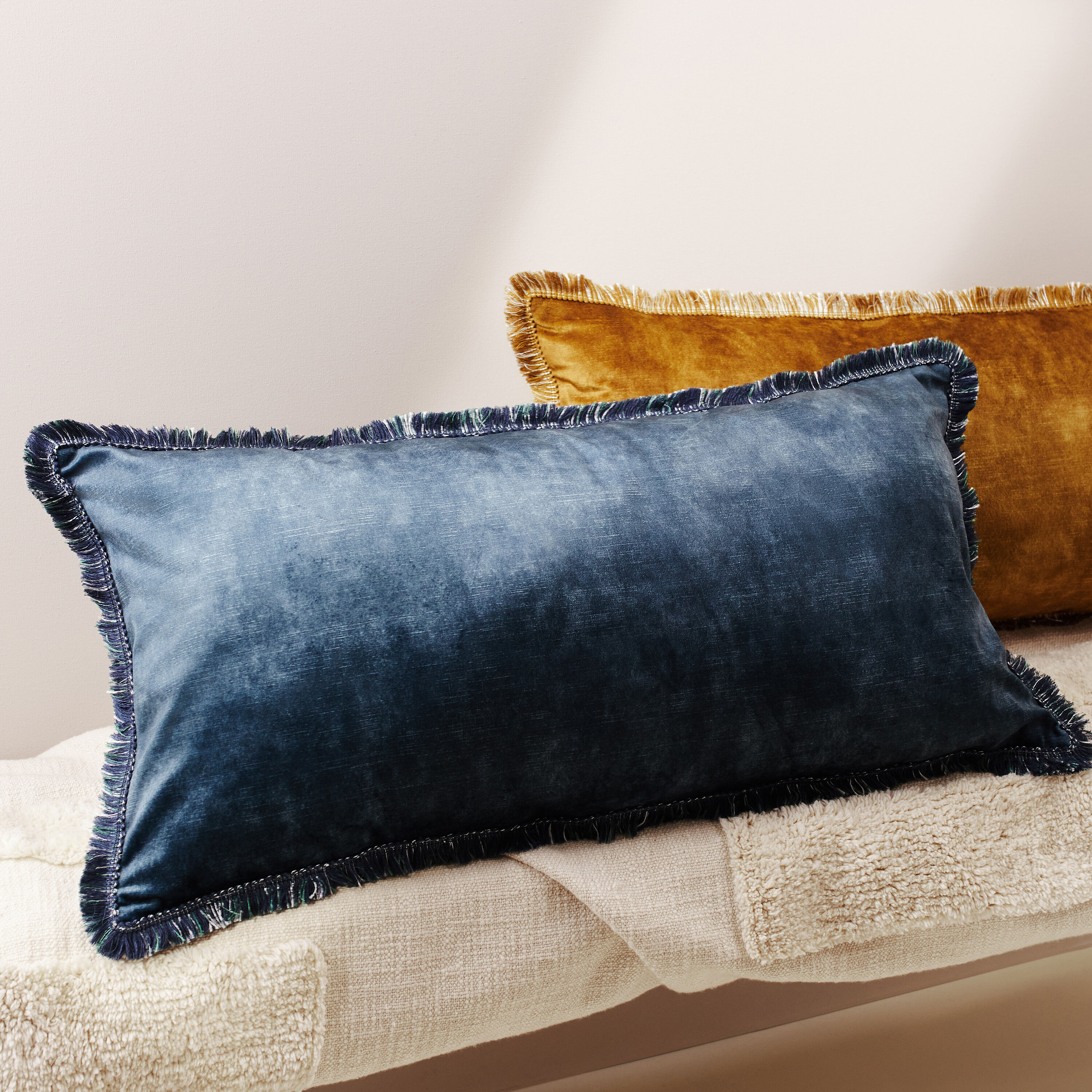 Navy Blue Velvet Rectangle Cushion with Fringing Inside Story