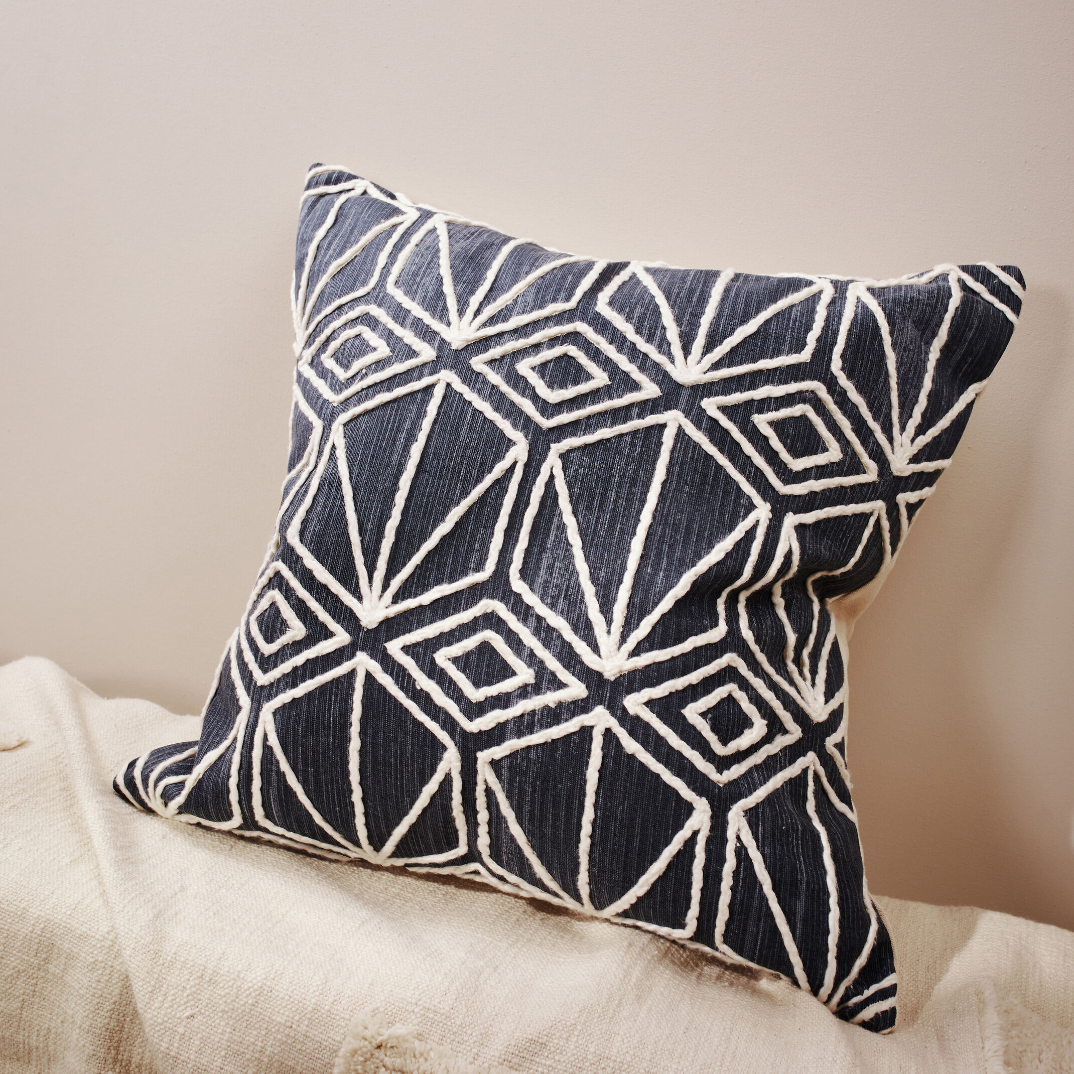 Navy Blue Diamond Patterned Cushion | Free delivery over £75 | Inside ...