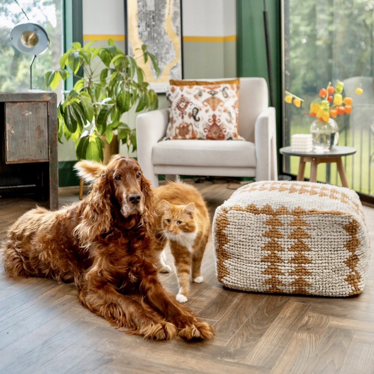 Influence rcontent of an Inside Story footstool with a dog and a cat