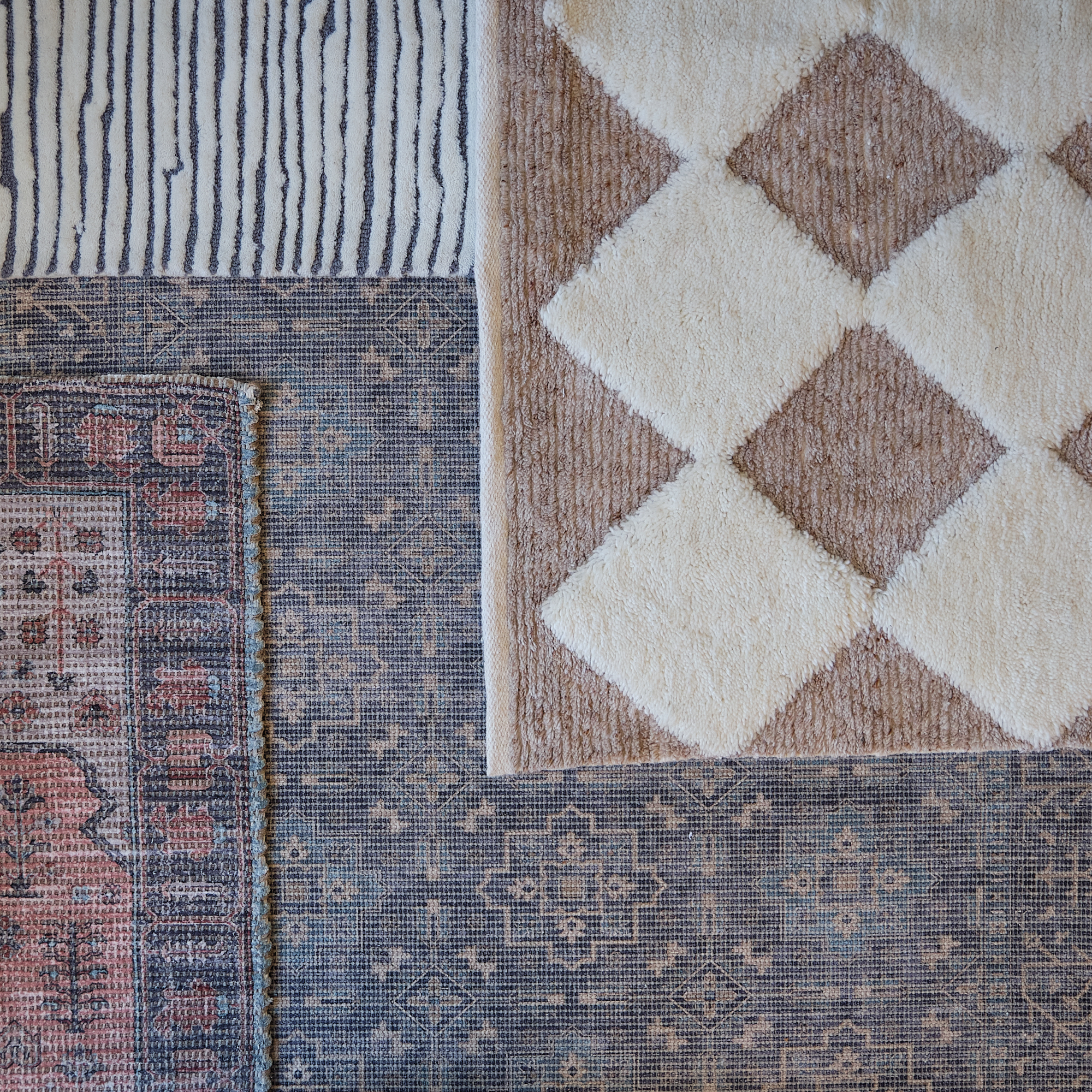 Top down view of multiple patterened rugs